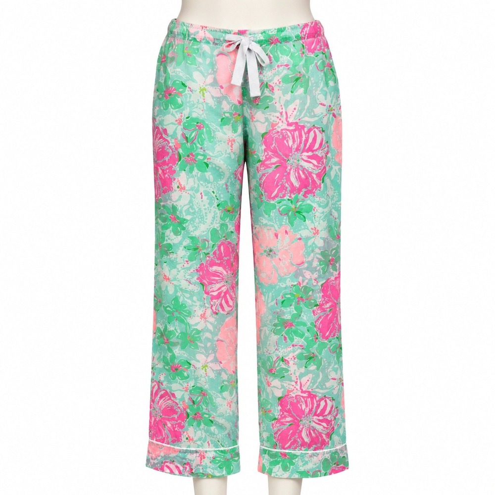 Lilly Pulitzer Womens Pink Green Floral Cotton Pajama Pants Drawstring Size S